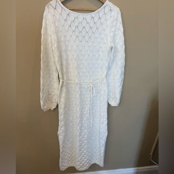 Scoop Back Open Knit Dress Size XL Ivory Maxi Balloon Sleeves Belt Bridal - Picture 4 of 13